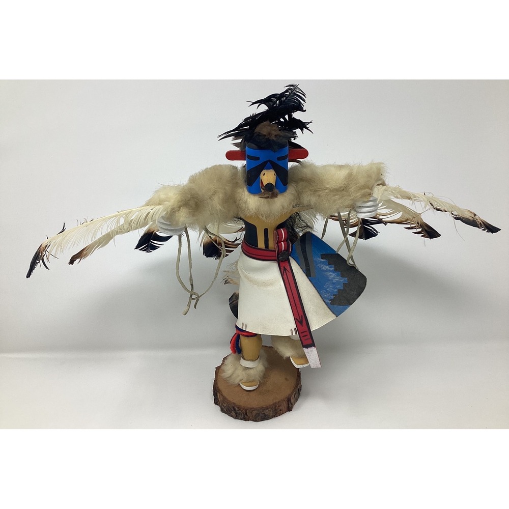 Vintage Handcrafted Eagle Dancer Kachina Doll Feathered Wings 12.5" Wood Base